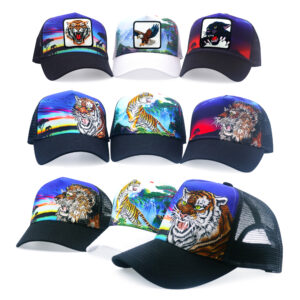 Tilgomedal Wild Animal Farm Trucker Hat, Square Embroidered Badge With Savannah Sunset Landscape Print, Nylon Mesh Back Plastic Snapback Cap For Farm Animal Streetwear Fans