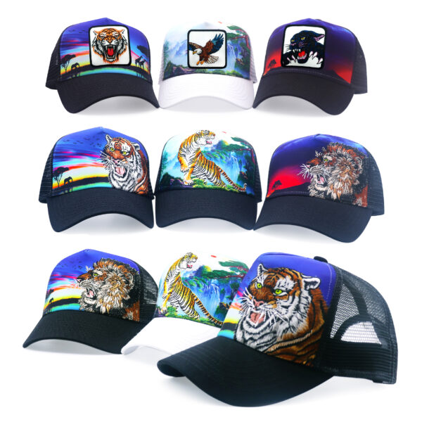 Tilgomedal Wild Animal Farm Trucker Hat, Square Embroidered Badge With Savannah Sunset Landscape Print, Nylon Mesh Back Plastic Snapback Cap For Farm Animal Streetwear Fans