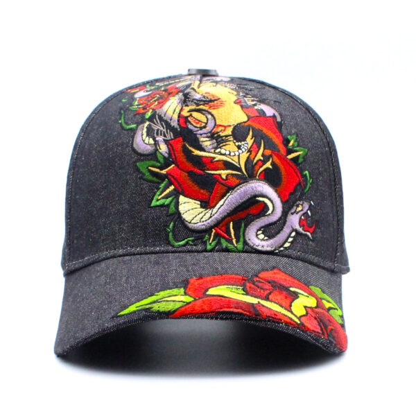 Tilgomedal Black Denim Heavy Large 3D Embroidered Baseball Cap,100% Cotton Metal Embossed Top Button Adjustable D‑Ring Hat For Tattoo Streetwear Lovers