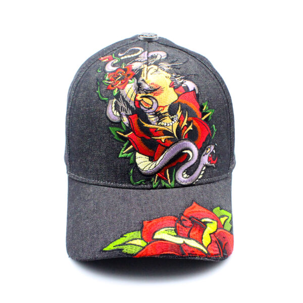 Tilgomedal Black Denim Heavy Large 3D Embroidered Baseball Cap,100% Cotton Metal Embossed Top Button Adjustable D‑Ring Hat For Tattoo Streetwear Lovers