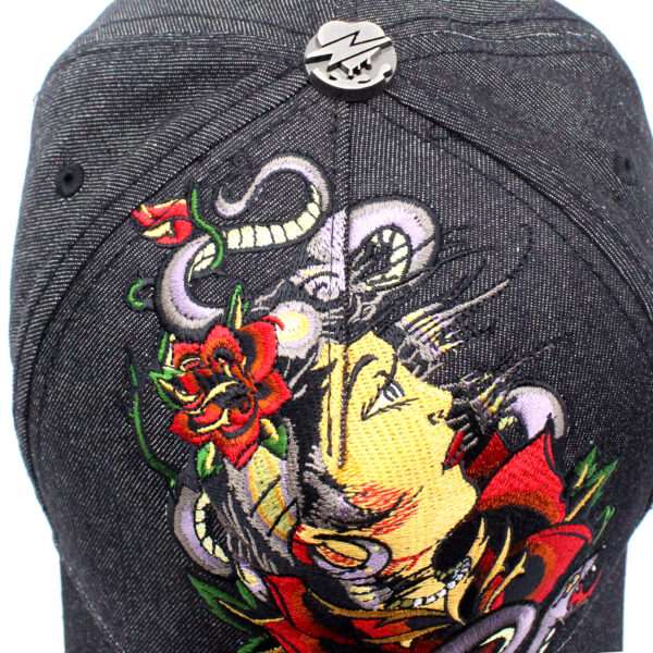 Tilgomedal Black Denim Heavy Large 3D Embroidered Baseball Cap,100% Cotton Metal Embossed Top Button Adjustable D‑Ring Hat For Tattoo Streetwear Lovers