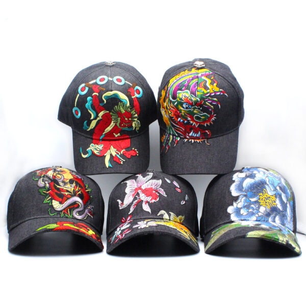 Tilgomedal Black Denim Heavy Large 3D Embroidered Baseball Cap,100% Cotton Metal Embossed Top Button Adjustable D‑Ring Hat For Tattoo Streetwear Lovers
