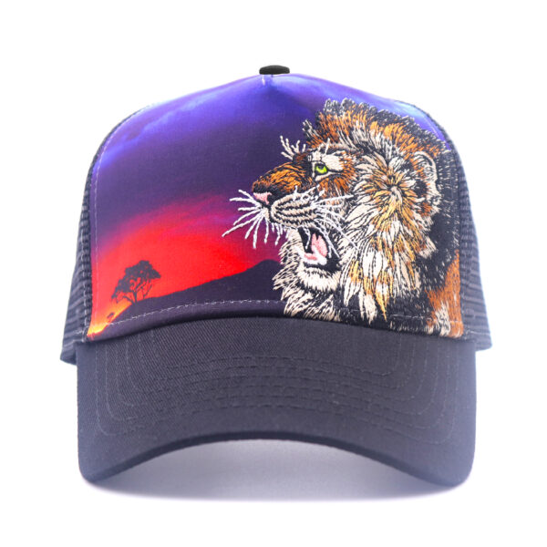 Tilgomedal Wild Animal Farm Trucker Hat, Square Embroidered Badge With Savannah Sunset Landscape Print, Nylon Mesh Back Plastic Snapback Cap For Farm Animal Streetwear Fans