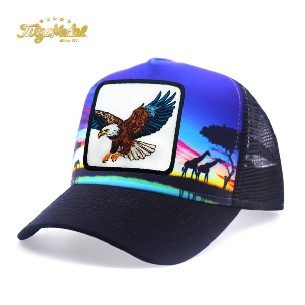 Tilgomedal Wild Animal Farm Trucker Hat, Square Embroidered Badge With Savannah Sunset Landscape Print, Nylon Mesh Back Plastic Snapback Cap For Farm Animal Streetwear Fans