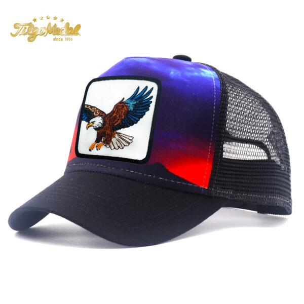 Tilgomedal Wild Animal Farm Trucker Hat, Square Embroidered Badge With Savannah Sunset Landscape Print, Nylon Mesh Back Plastic Snapback Cap For Farm Animal Streetwear Fans