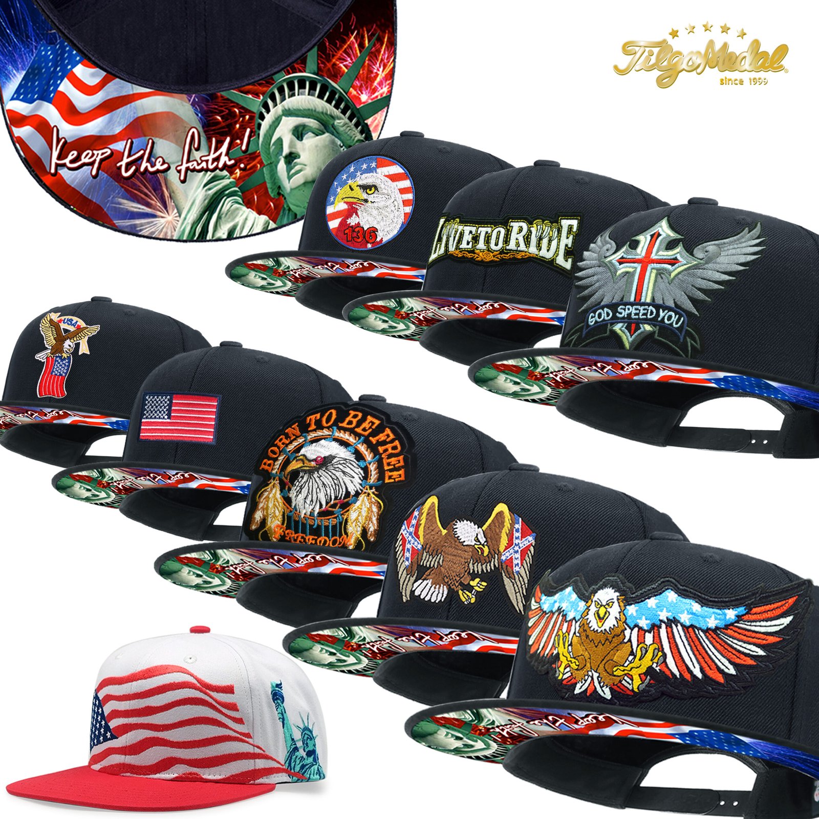 TilgoMedal, Patriotic Eagle Snapback Hat, US Flag Embroidered Flat Bill Cap with Statue of Liberty Printed - embroidered, flat brim, snapback closure, flag patch, Black, Navy, White, Eagle 136 Badge, Live To Ride, Winged Cross "God Speed You", American Flag Eagle USA Flag, Born To Be Free Bald Eagle, Eagle with Confederate Flag Winged Eagle, Statue of Liberty US Flag, Small Eagle Flag, USA Red Flag, USA Gray Flag, SnapBack Hats, Main Image