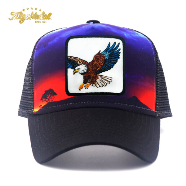 Tilgomedal Wild Animal Farm Trucker Hat, Square Embroidered Badge With Savannah Sunset Landscape Print, Nylon Mesh Back Plastic Snapback Cap For Farm Animal Streetwear Fans