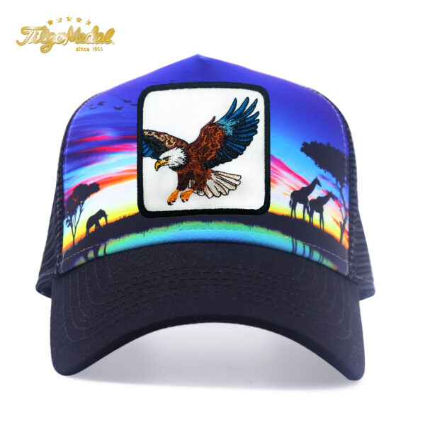 Tilgomedal Wild Animal Farm Trucker Hat, Square Embroidered Badge With Savannah Sunset Landscape Print, Nylon Mesh Back Plastic Snapback Cap For Farm Animal Streetwear Fans