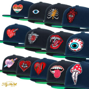 Weird Skeleton Heart Mouth Eye Embroidered Snapback Hat | Green Under Brim Adjustable Hip‑Hop Flat Cap
