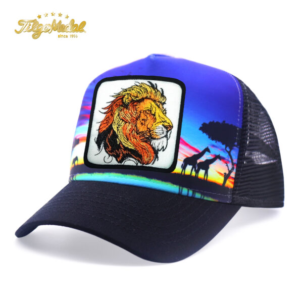 Tilgomedal Wild Animal Farm Trucker Hat, Square Embroidered Badge With Savannah Sunset Landscape Print, Nylon Mesh Back Plastic Snapback Cap For Farm Animal Streetwear Fans