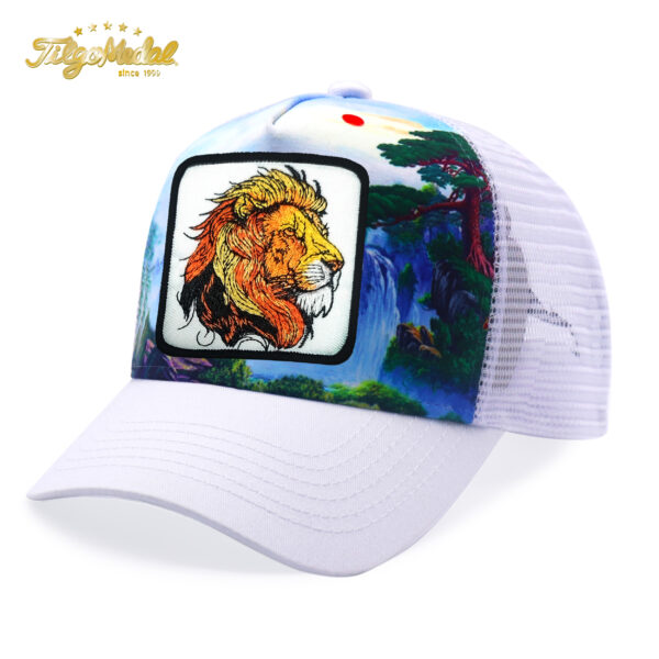 Tilgomedal Wild Animal Farm Trucker Hat, Square Embroidered Badge With Savannah Sunset Landscape Print, Nylon Mesh Back Plastic Snapback Cap For Farm Animal Streetwear Fans