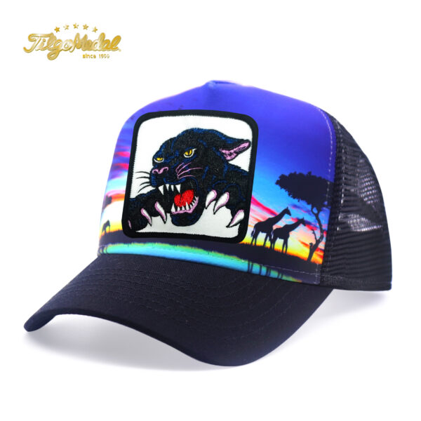 Tilgomedal Wild Animal Farm Trucker Hat, Square Embroidered Badge With Savannah Sunset Landscape Print, Nylon Mesh Back Plastic Snapback Cap For Farm Animal Streetwear Fans