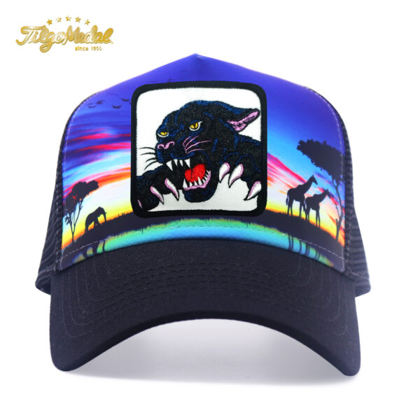 Tilgomedal Wild Animal Farm Trucker Hat, Square Embroidered Badge With Savannah Sunset Landscape Print, Nylon Mesh Back Plastic Snapback Cap For Farm Animal Streetwear Fans