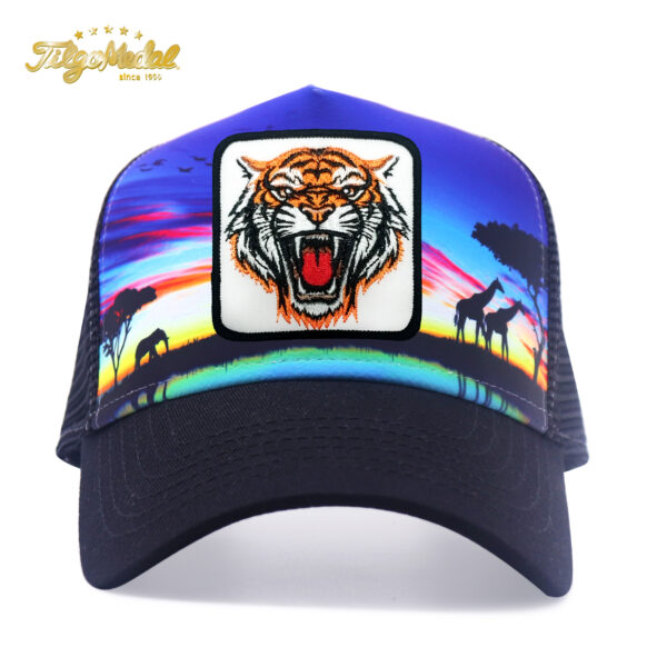 Tilgomedal Wild Animal Farm Trucker Hat, Square Embroidered Badge With Savannah Sunset Landscape Print, Nylon Mesh Back Plastic Snapback Cap For Farm Animal Streetwear Fans
