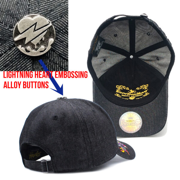 Tilgomedal Black Denim Heavy Large 3D Embroidered Baseball Cap,100% Cotton Metal Embossed Top Button Adjustable D‑Ring Hat For Tattoo Streetwear Lovers